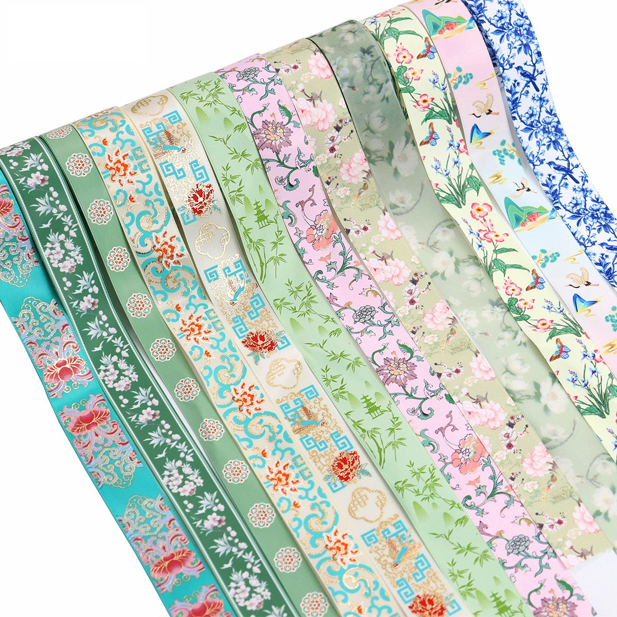Floral gerippte Ripsband-Rollen, 12er Set; asiatisches Muster in Grün, Blau, Rosa