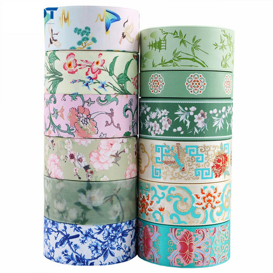 16mm/25mm New Chinese Style Luxury Floral Ribbed Ribbon 12 Pack