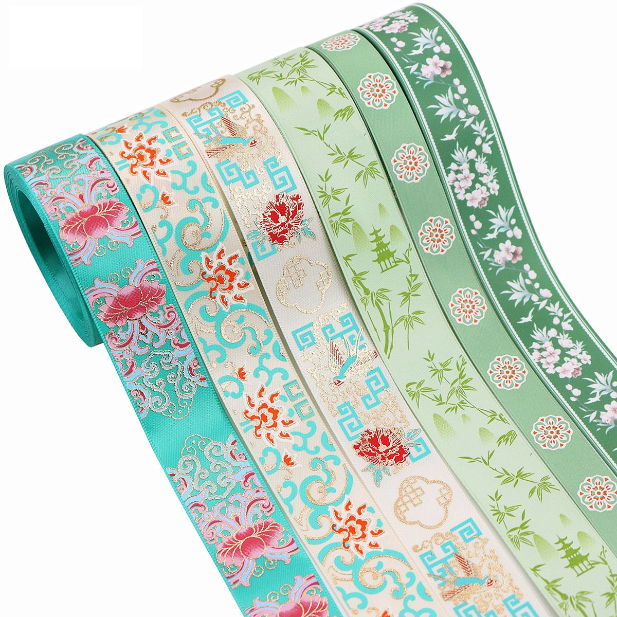 Geripptes floral bedrucktes Ripsband, 16/25 mm; grüne, türkisfarbene Streifenmotive