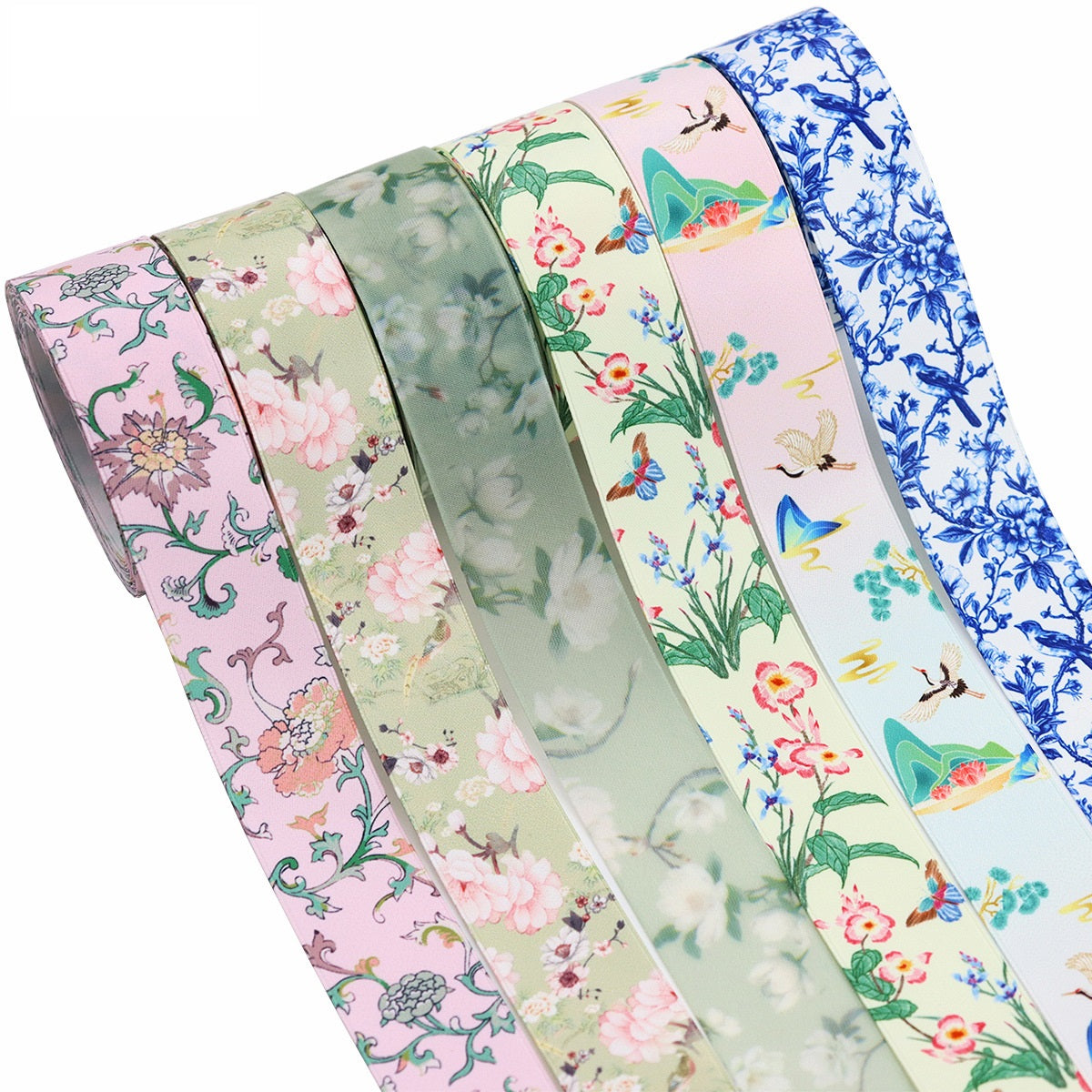 Mehrere Rollen florales geripptes Ripsband, 12er Set; Schmetterlinge & Blumenmotive