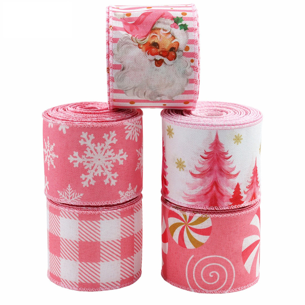 Pink Christmas wired hemming tape, 63mm (2.5 in) wide, 5-pack of rolls
