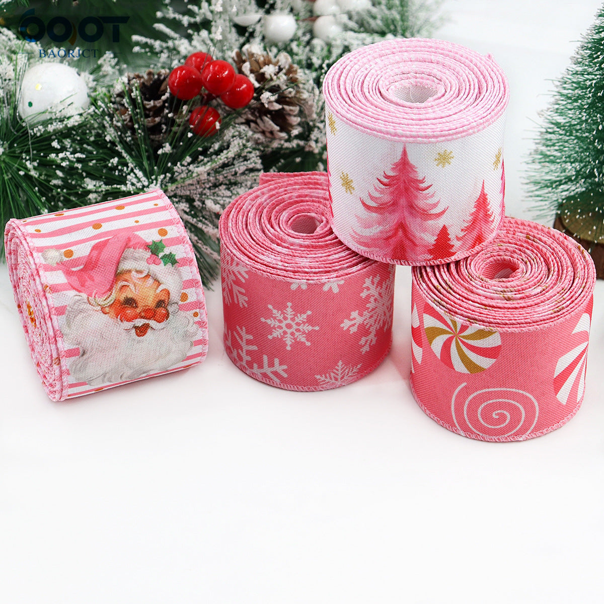 Pink Christmas wired hemming tape set: tree, snowflake and candy-cane designs on rolls