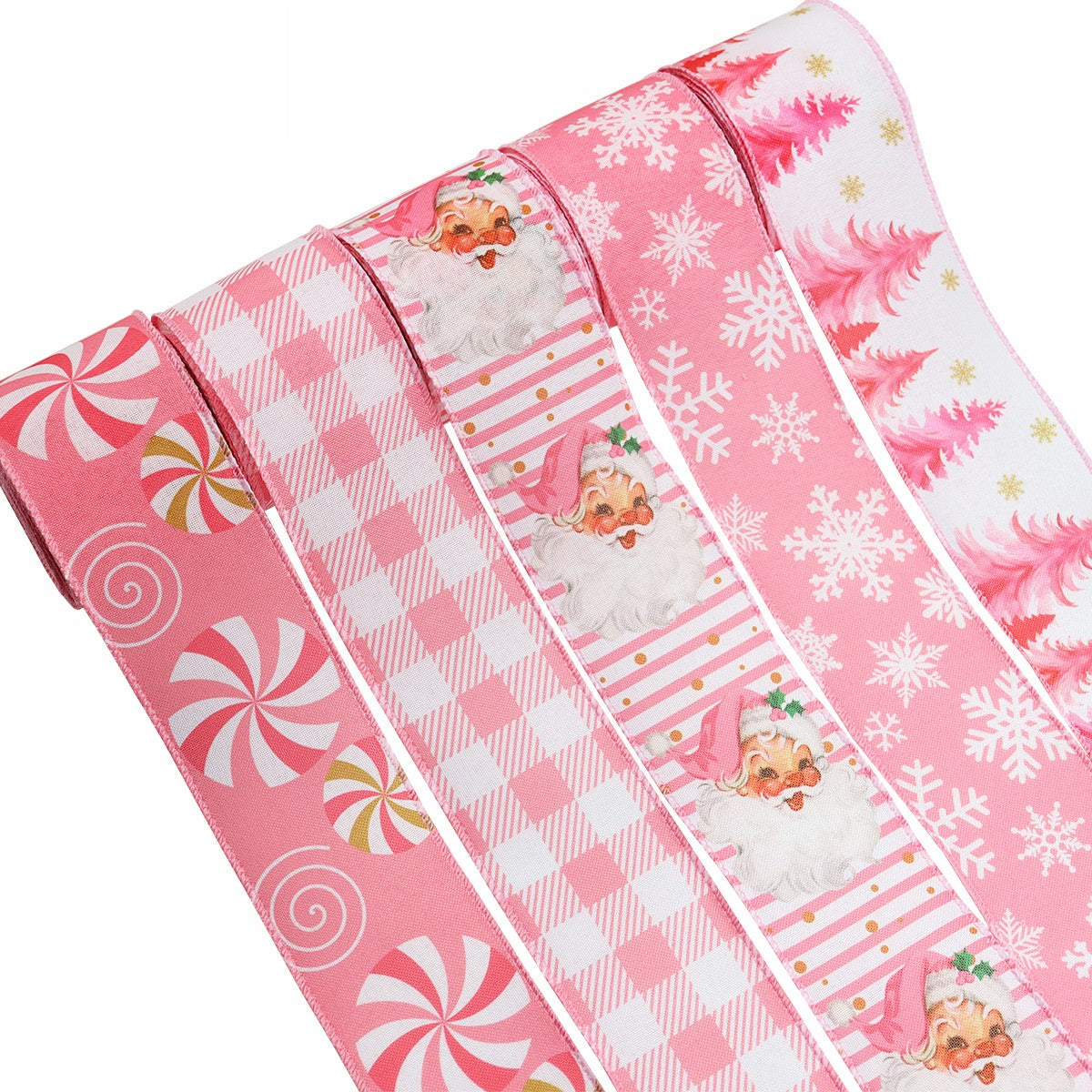Pink Christmas wired hemming tape strip with candy-cane, snowflake and stripe patterns