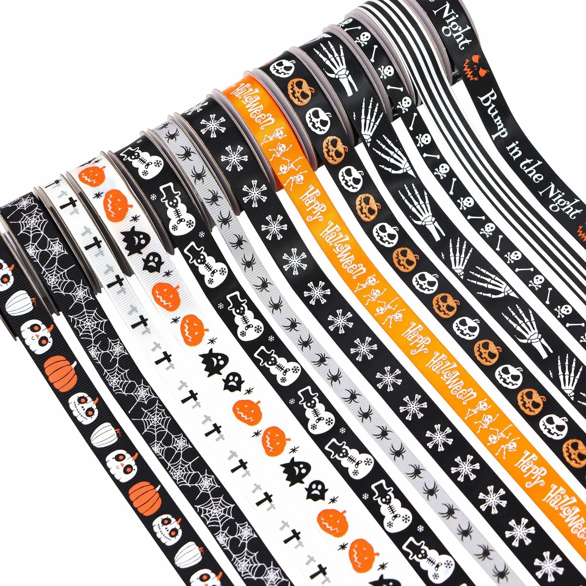 Halloween ribbon assortment, black/white/orange with skulls, ghosts, spiders and pumpkins.