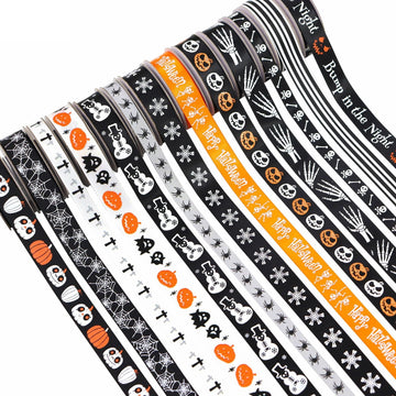 Halloween ribbon assortment, black/white/orange with skulls, ghosts, spiders and pumpkins.