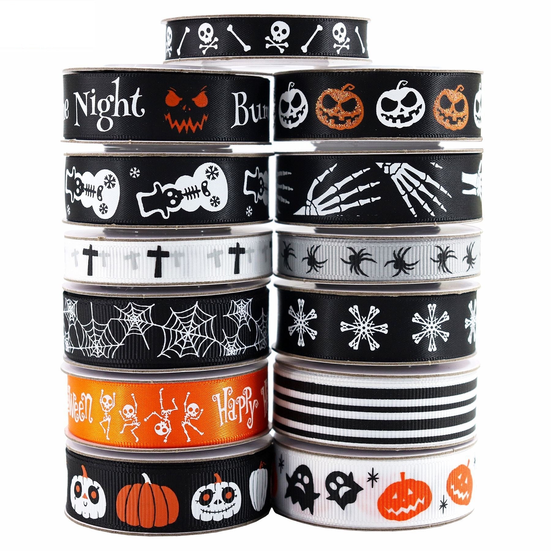 Stacked Halloween ribbons with skeleton, spider web, striped and pumpkin skull designs.