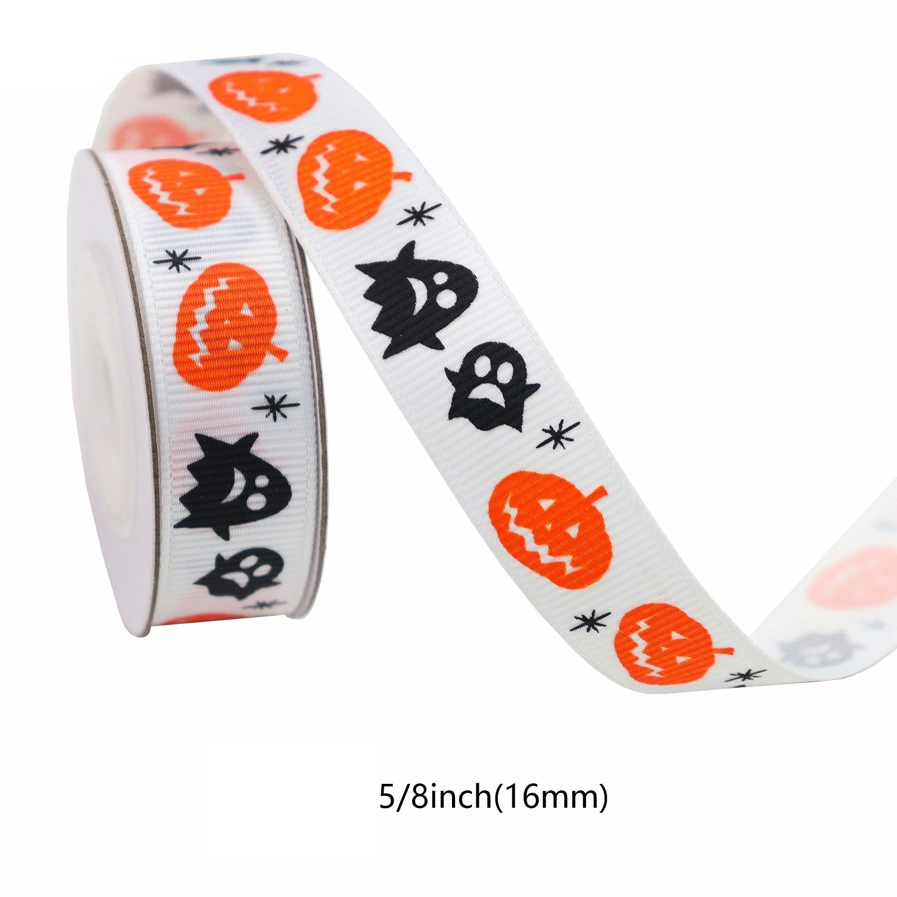 16mm Halloween ribbon: white/cream with orange jack-o’-lanterns and black ghost motifs.