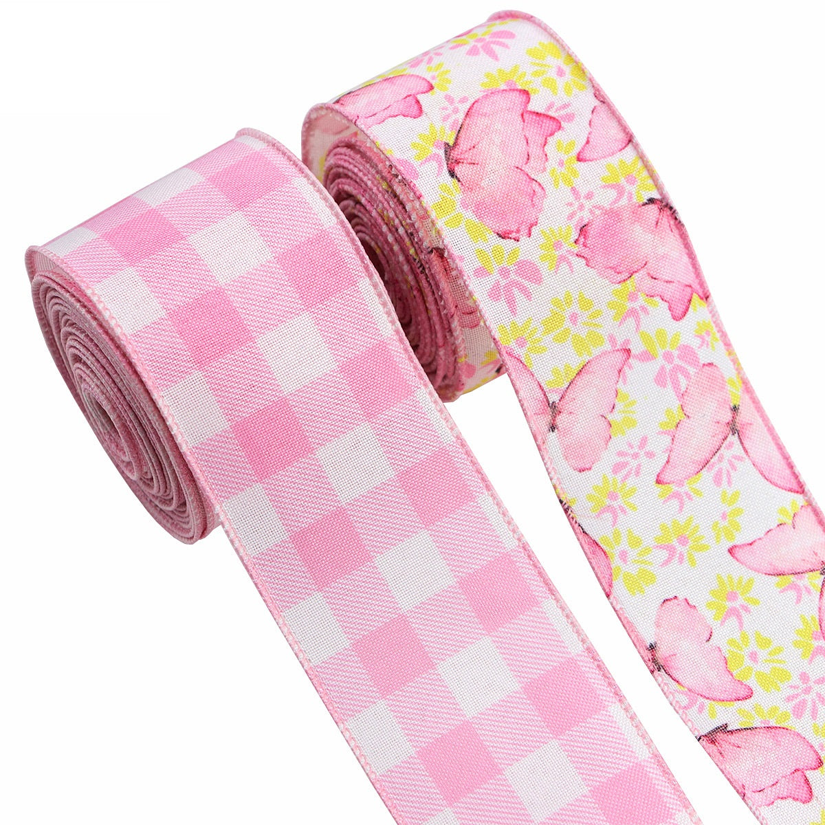 Pink gingham and pink butterfly floral wire-edge ribbon rolls, 2-pack