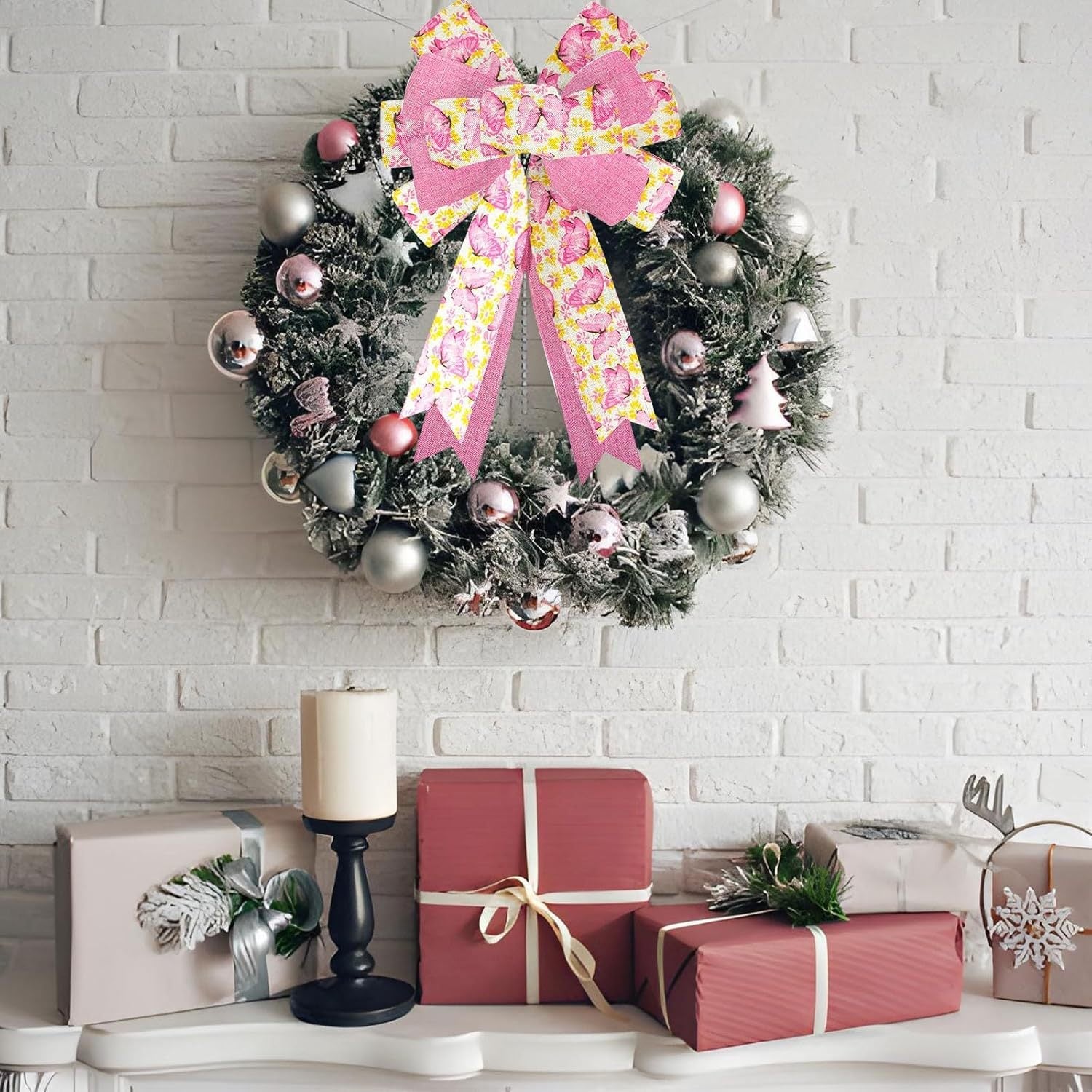 Pink butterfly floral ribbon bow with wired edge on wreath decoration