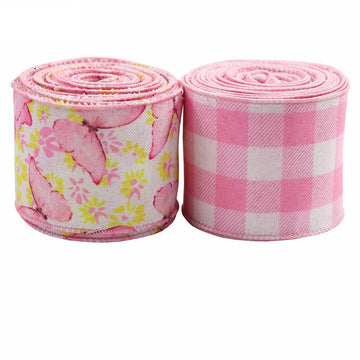 2.5 inch pink wire-edge butterfly ribbon and pink gingham ribbon, 2-pack rolls