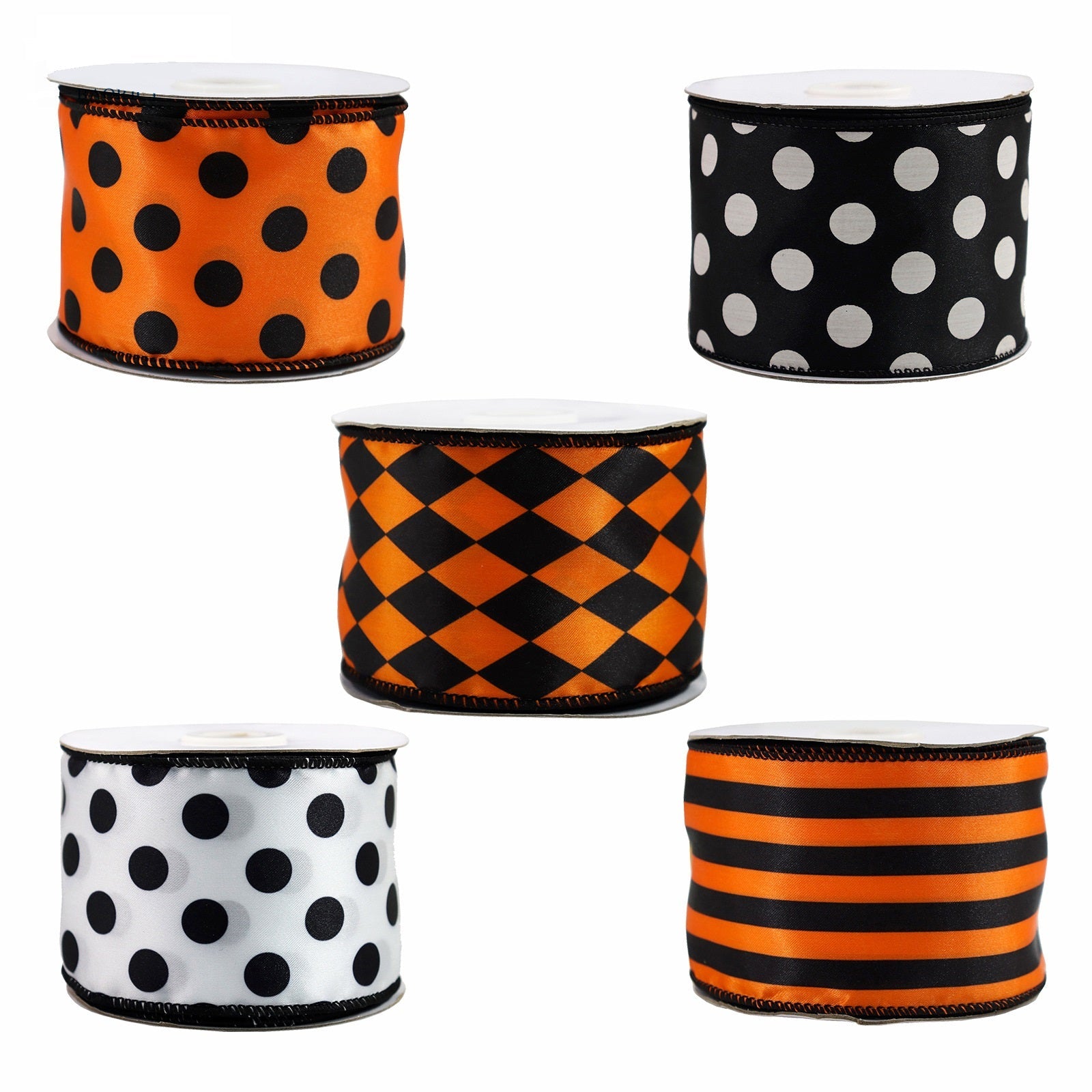 2,5-Zoll Halloweenband-Rolle: orange mit schwarzen Punkten und schwarzen Kantenstichen