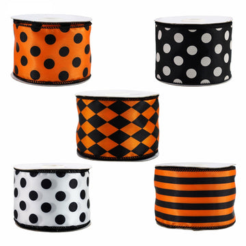 2,5-Zoll Halloweenband-Rolle: orange mit schwarzen Punkten und schwarzen Kantenstichen
