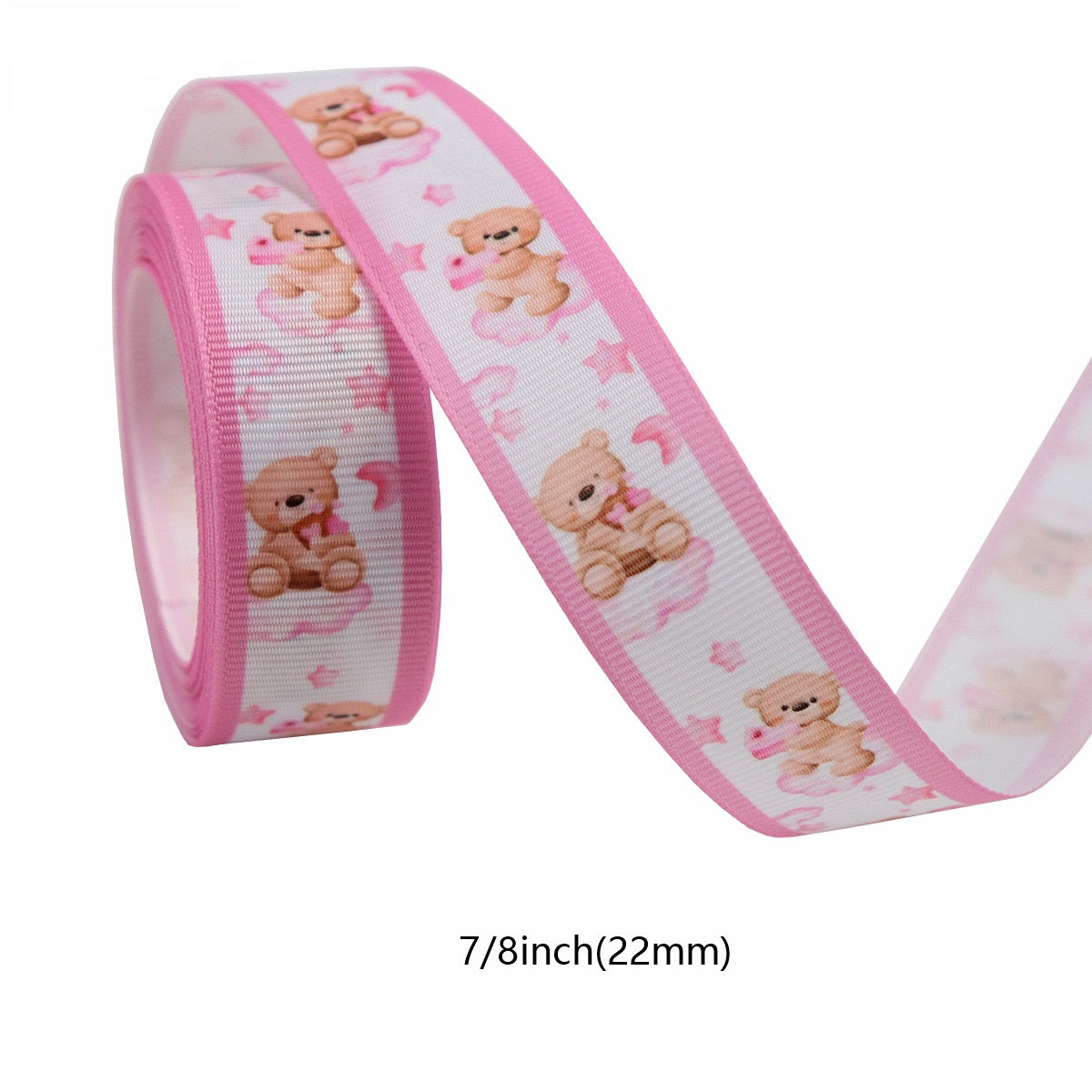 Pink 22mm ribbed ribbon close-up with teddy bears and paw print motifs