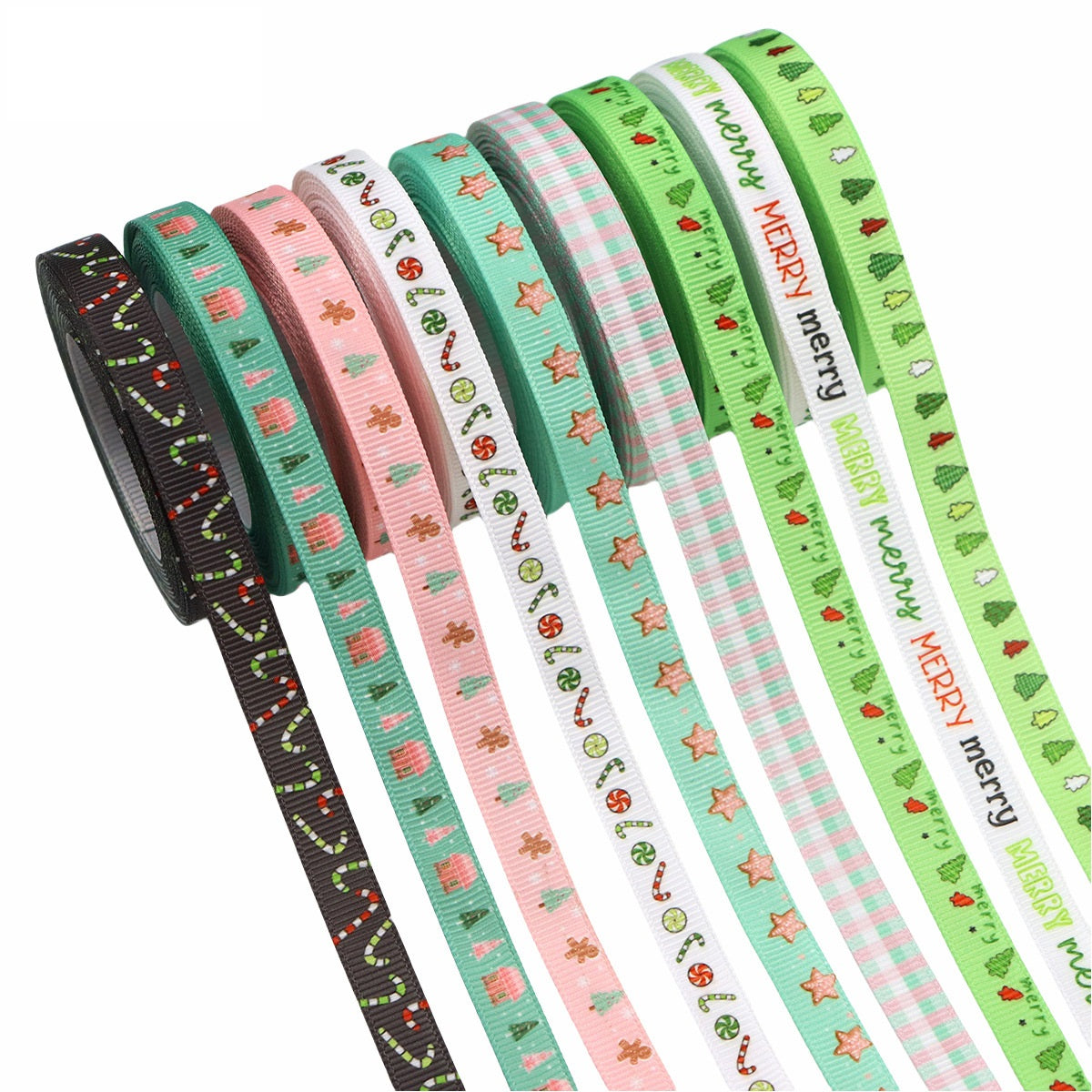 10mm Merry Christmas ribbon, 9 rolls with mixed designs: trees, stars, plaid, “MERRY”