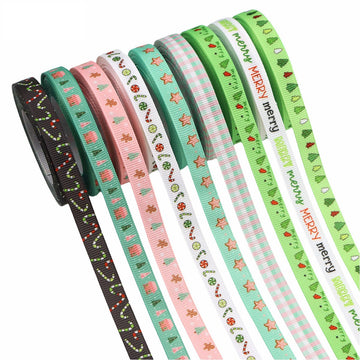 10mm Merry Christmas ribbon, 9 rolls with mixed designs: trees, stars, plaid, “MERRY”