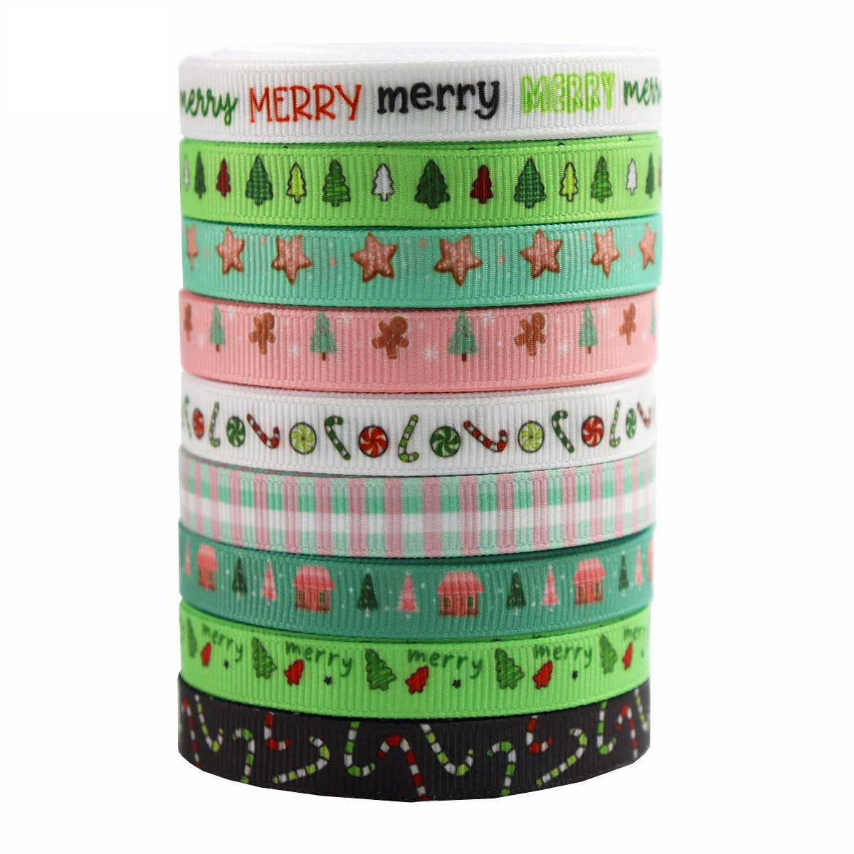 Stacked 10mm Merry Christmas ribbons showing tree, star, plaid, candy cane and “MERRY”