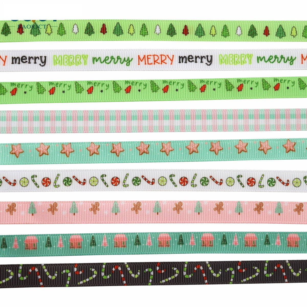 Layered 10mm Merry Christmas ribbons with “merry” text, trees, houses, plaid and stars