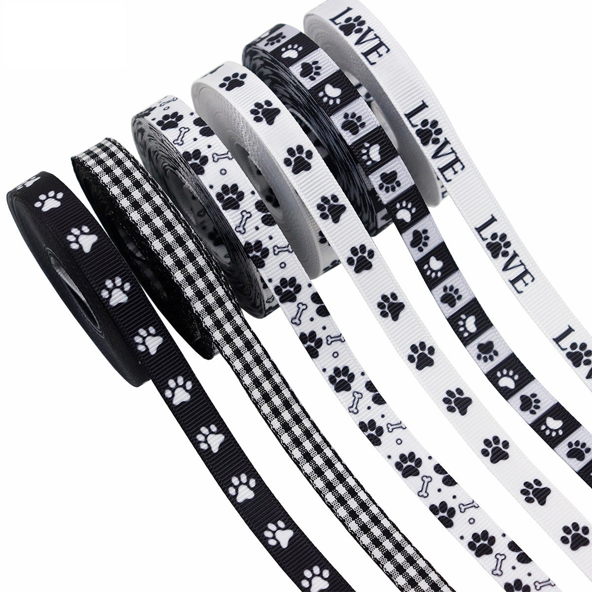 10mm pet paw print ribbon webbing, 6 rolls: black/white paw, plaid, Love accents