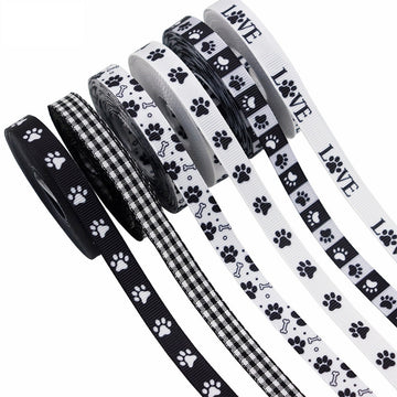 10mm pet paw print ribbon webbing, 6 rolls: black/white paw, plaid, Love accents