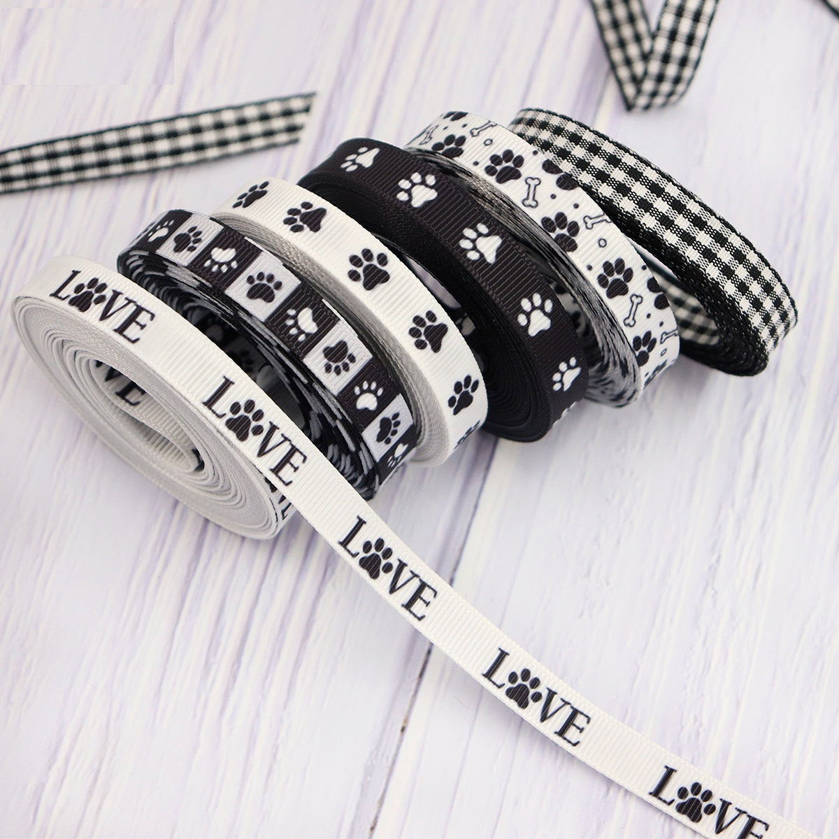 10mm ribbon webbing rolls with paw prints plus gingham and plaid patterns