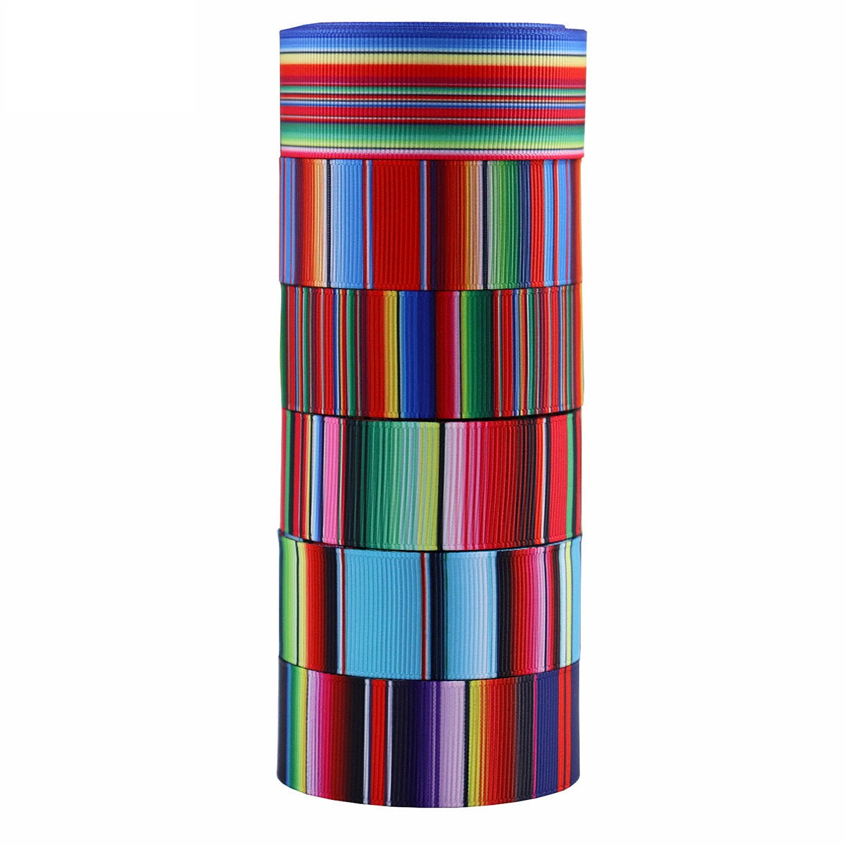 Rolled 1-inch Mexican carnival ribbed ribbon with rainbow striped bands