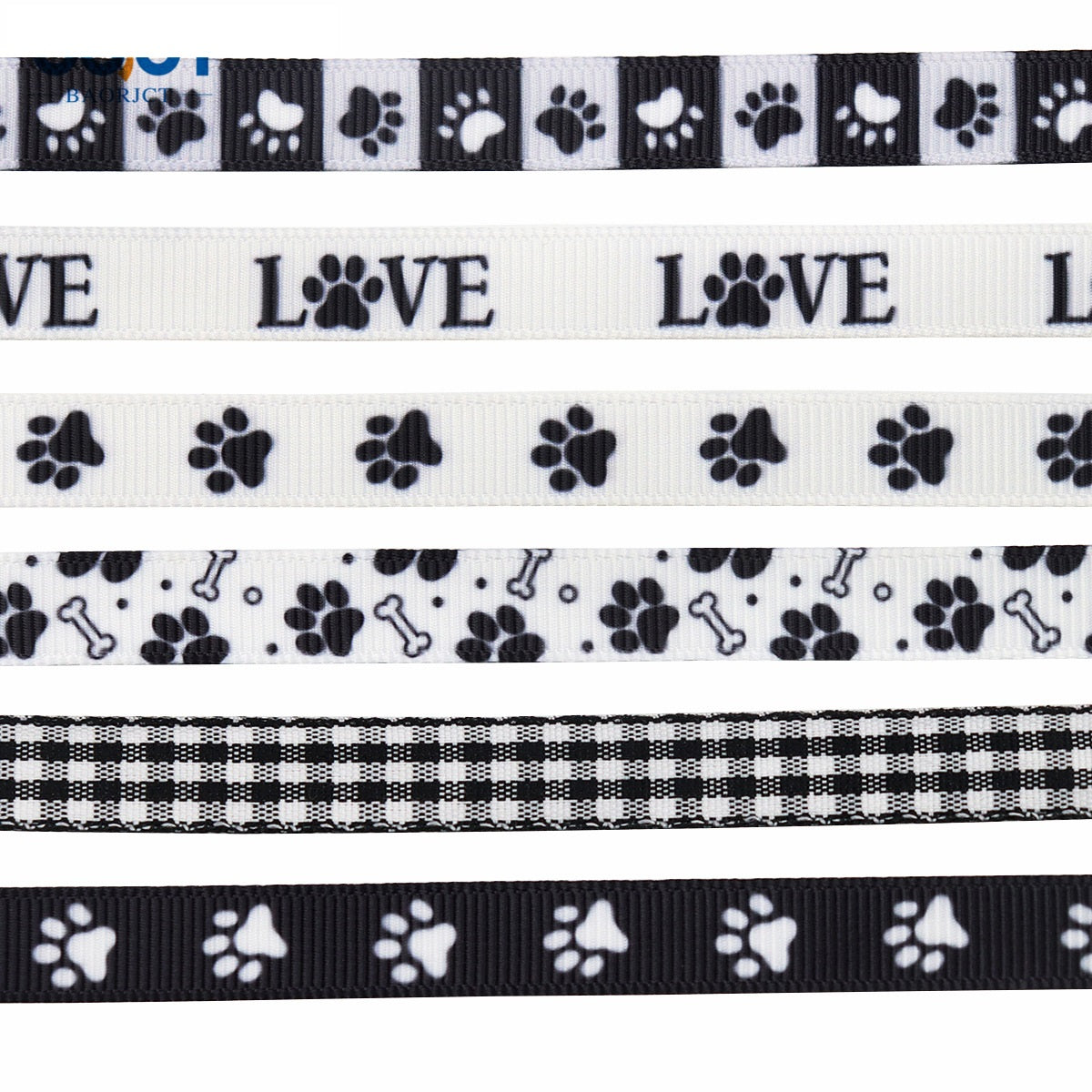 Close-up of 10mm ribbon webbing: black-and-white paw prints, bones, and Love text