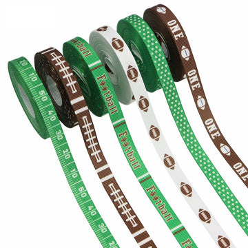 10mm football ribbed ribbon in green, white, and brown rolls with football patterns