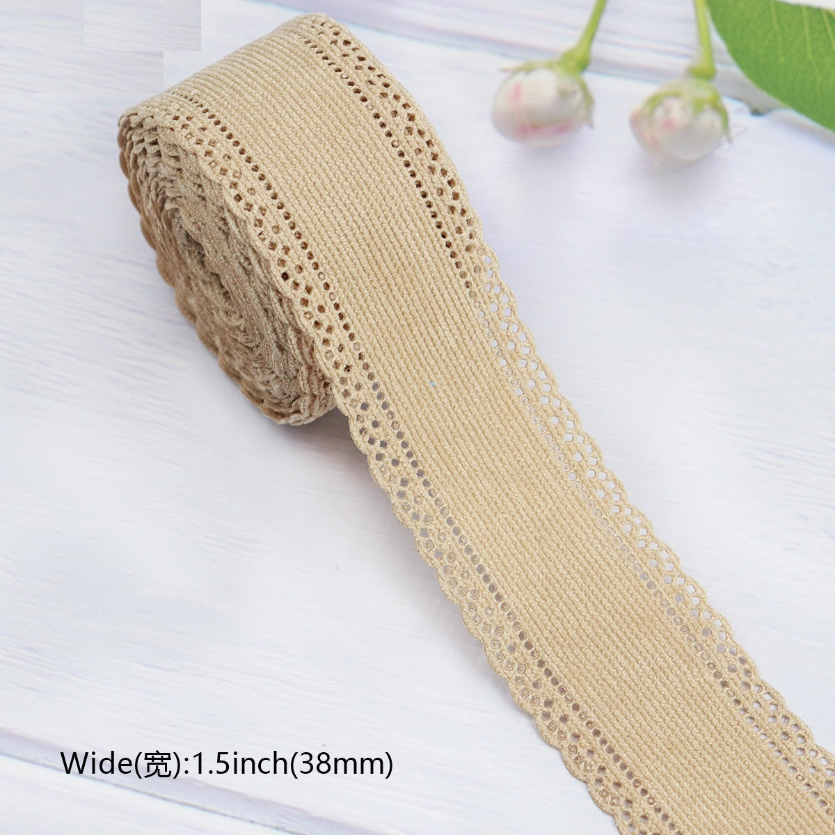 Beige 1.5 inch velvet ribbon with lace edging, rolled on spool