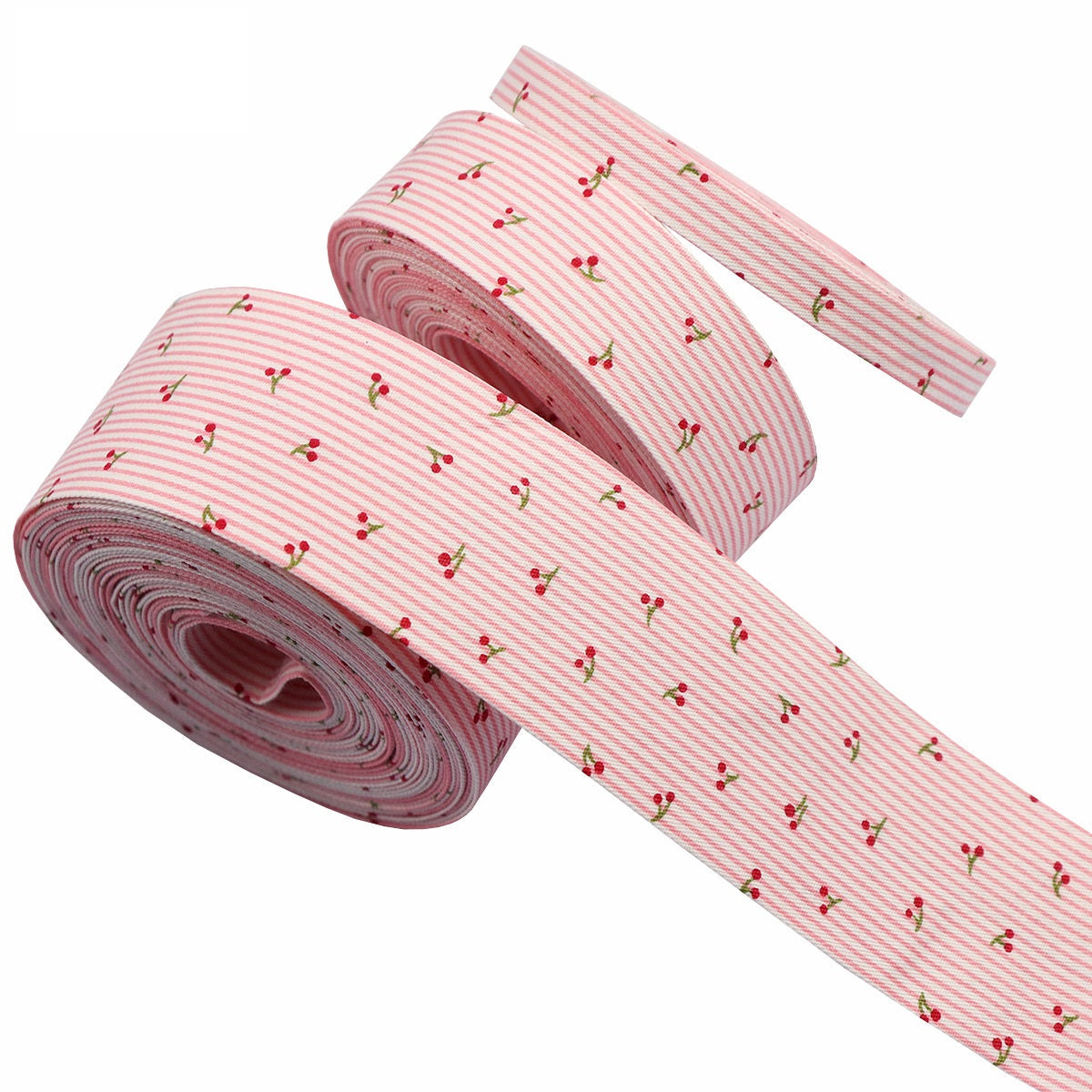 Pink cherry striped pet ribbon spool, pink-and-white pinstripes with small red cherries