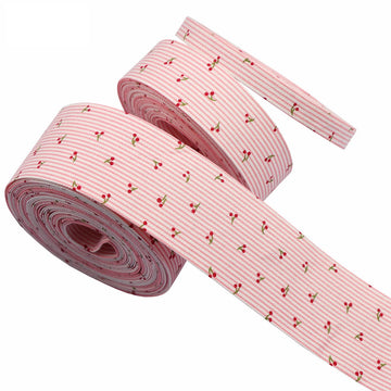 Pink cherry striped pet ribbon spool, pink-and-white pinstripes with small red cherries