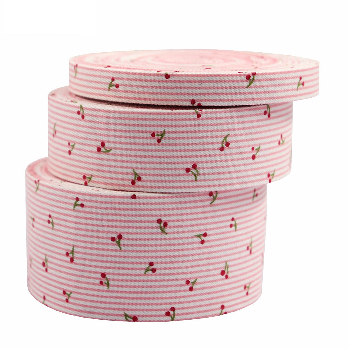 Pink cherry striped pet ribbon roll, pink-and-white pinstripes with red cherry clusters