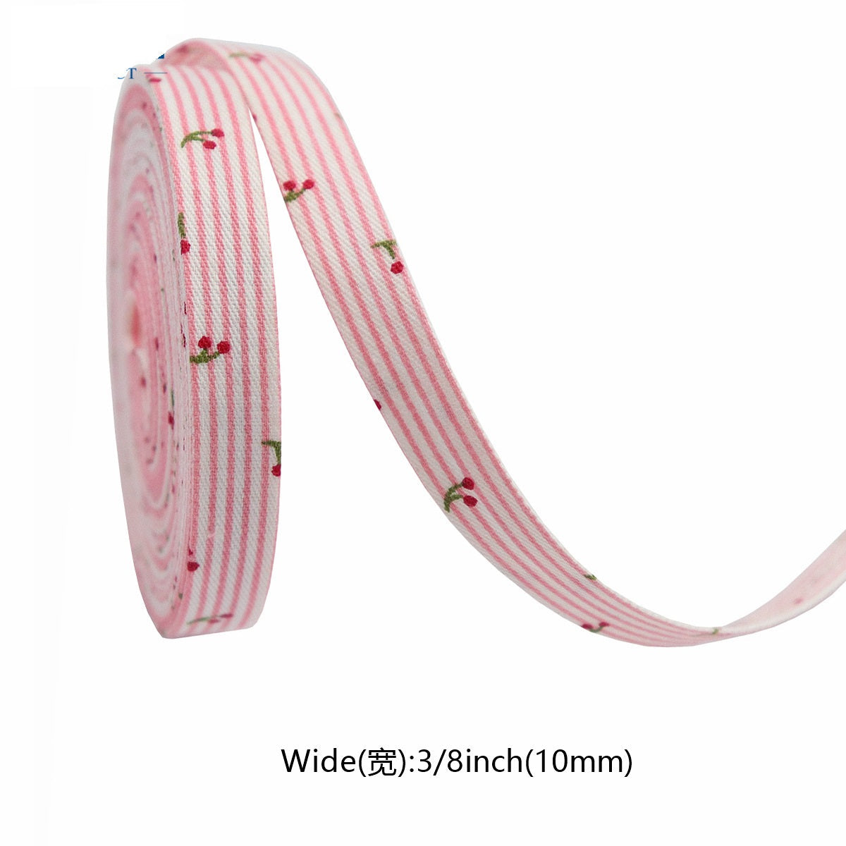 Pink cherry striped pet ribbon, 10mm wide, pink-and-white stripes with red cherries