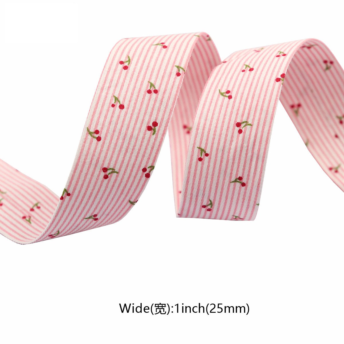 Pink cherry striped pet ribbon, 25mm wide, pink-and-white stripes with red cherries