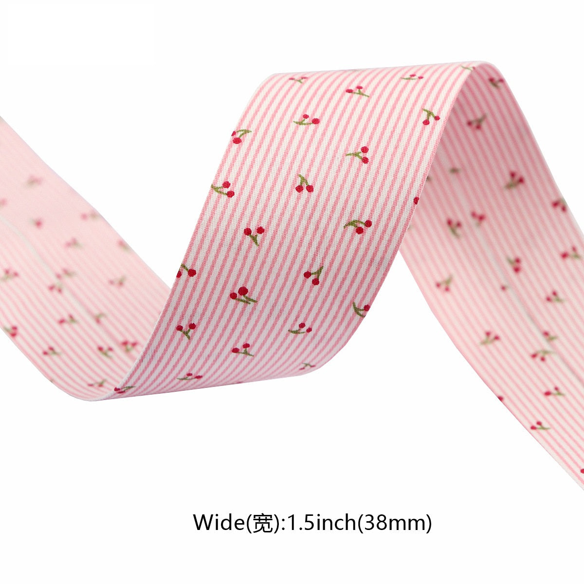 Pink cherry striped pet ribbon, 38mm wide, pink-and-white stripes with red cherries