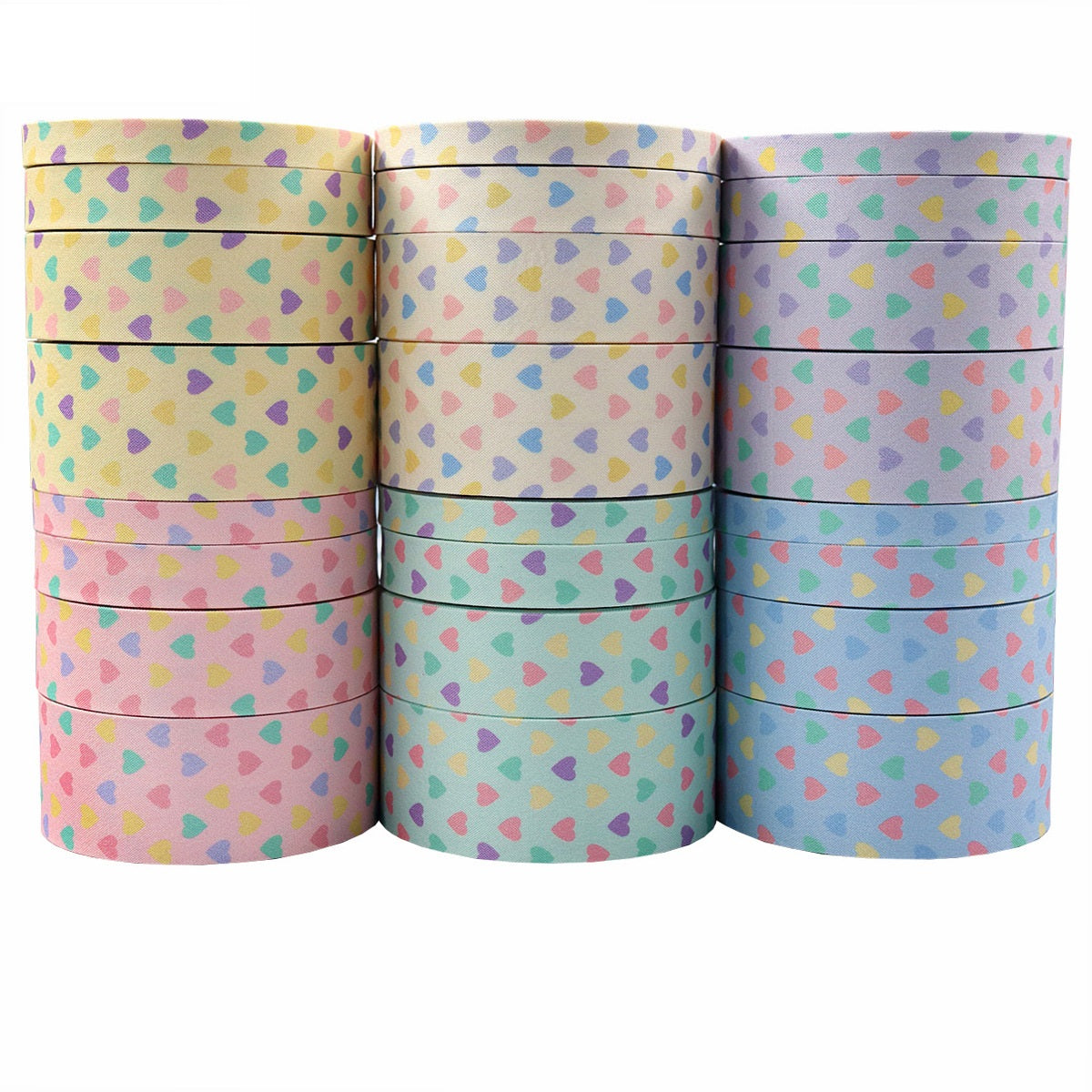 Buntes Herzchen-Stoffband 7er-Set, gerollte Bänder mit Herzchen-Muster