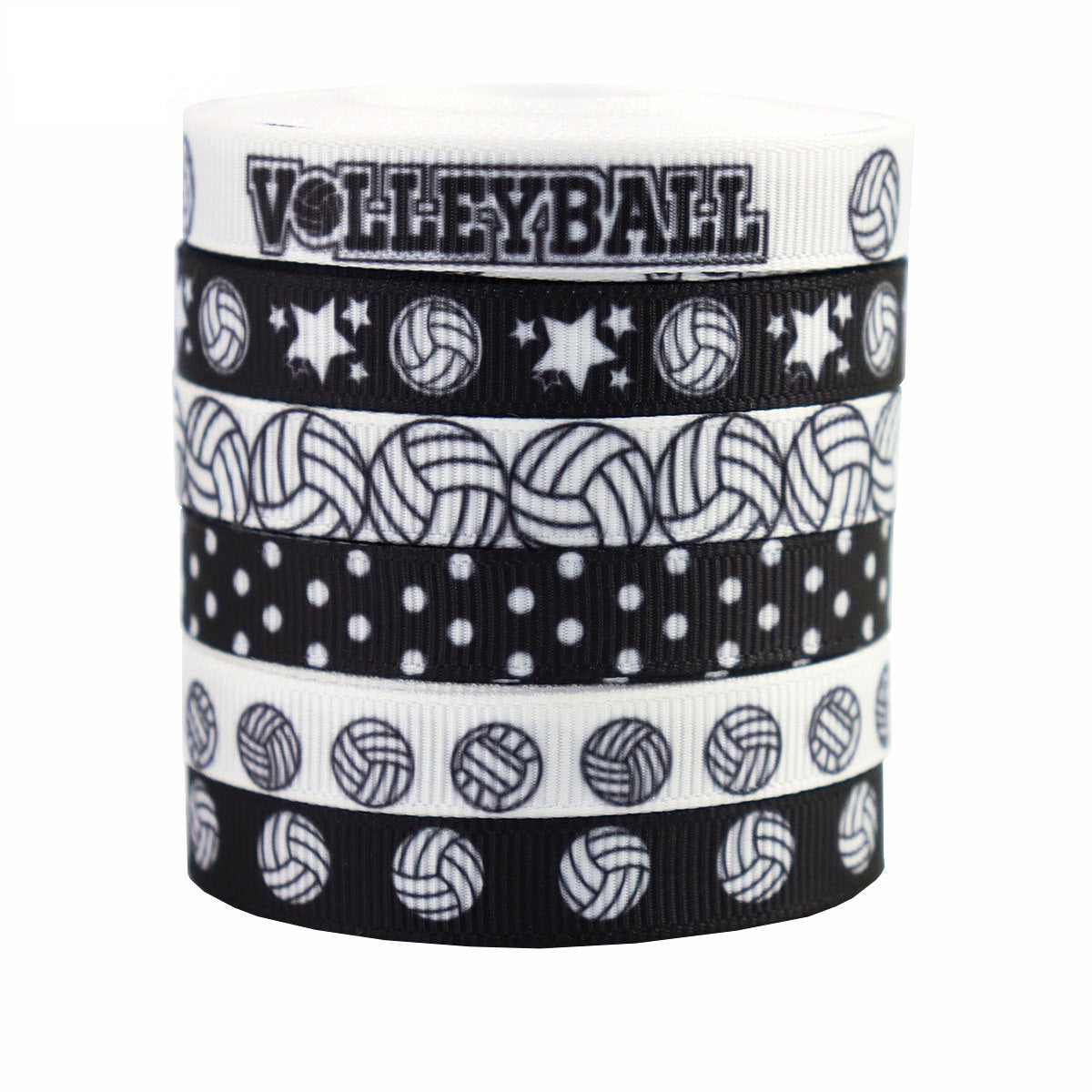 10mm black-and-white volleyball ribbed ribbon 6-pack: stacked rolls, stars and polka dots