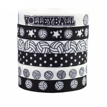 10mm black-and-white volleyball ribbed ribbon 6-pack: stacked rolls, stars and polka dots