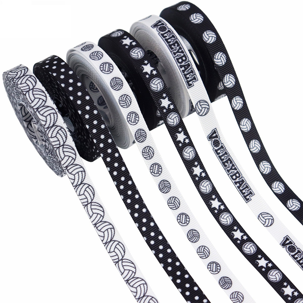 6-pack ribbed volleyball ribbon rolls in black & white, with volleyball and stripe designs