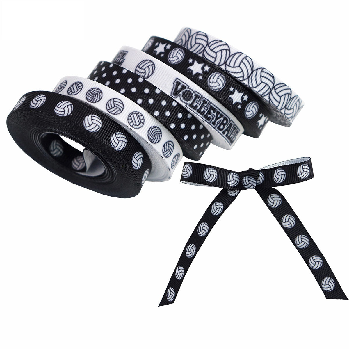 Volleyball ribbed ribbon 6-pack with balls, stars, and polka-dot bands; tied bow