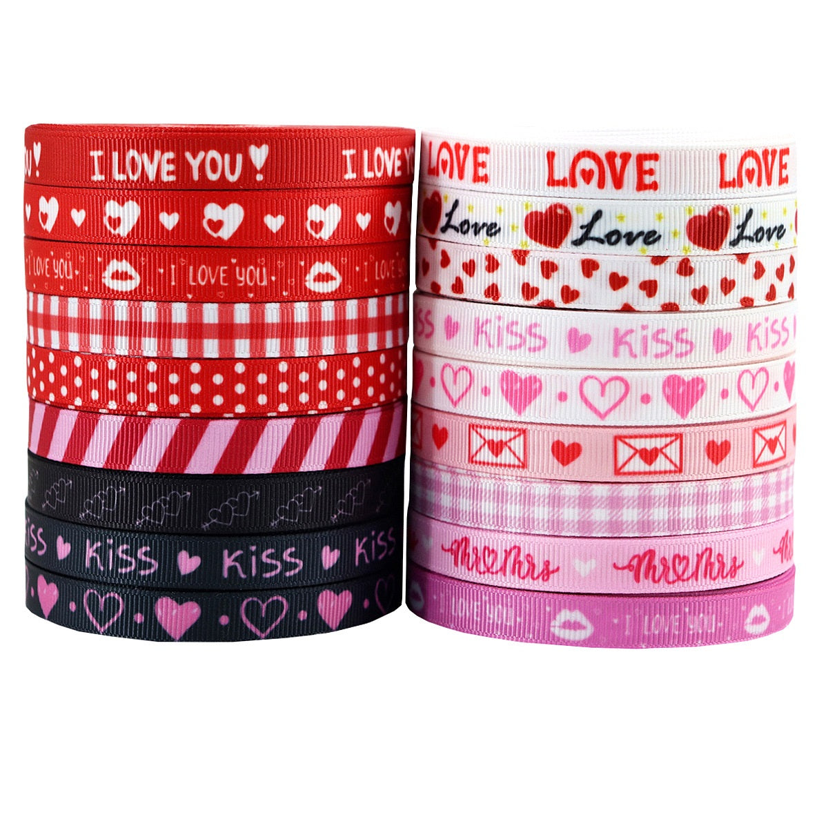 10mm geripptes Satinband mit Herzmuster, rot/weiß gestapelt, mit „I LOVE YOU“ Schrift