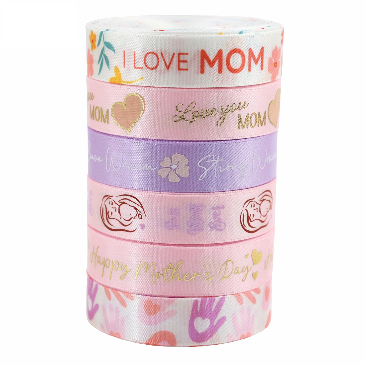 Satinband-Rolle mit Streifen: „I LOVE MOM“ und Herzmotive, mehrere Pastellfarben