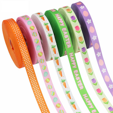 10mm Easter satin ribbon, egg/carrot print with 'Happy Easter' stripes, 6 pack