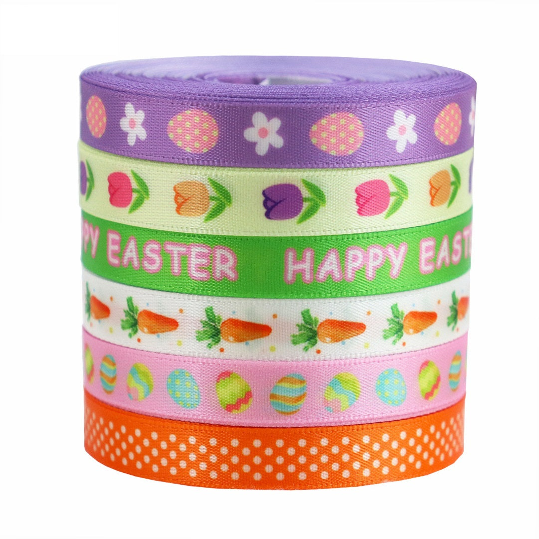 Colorful 10mm Easter satin ribbon roll: purple flowers, green 'Happy Easter', orange dots