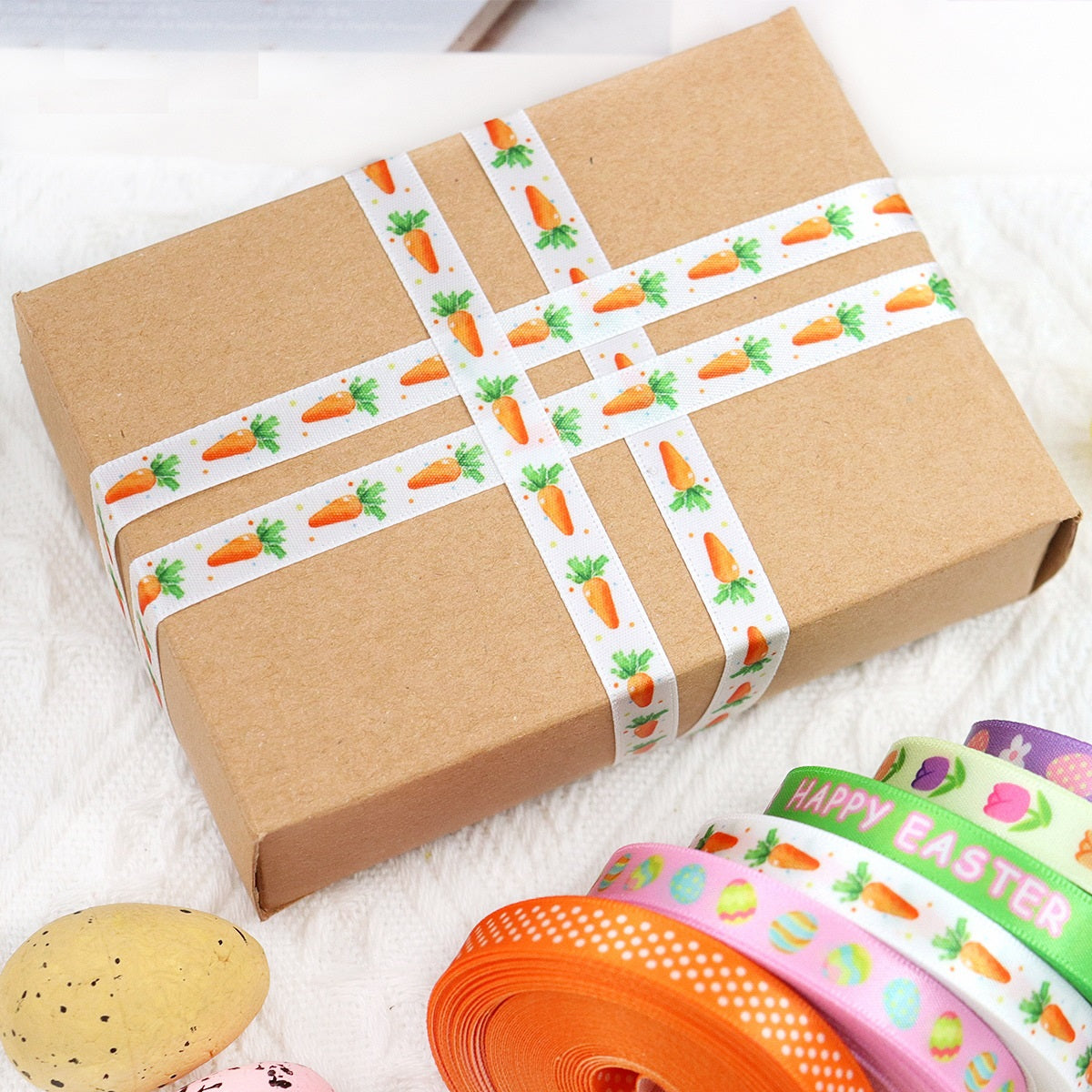 Easter satin ribbon on wrapped gift: egg & carrot patterns, 10mm, 6 pack