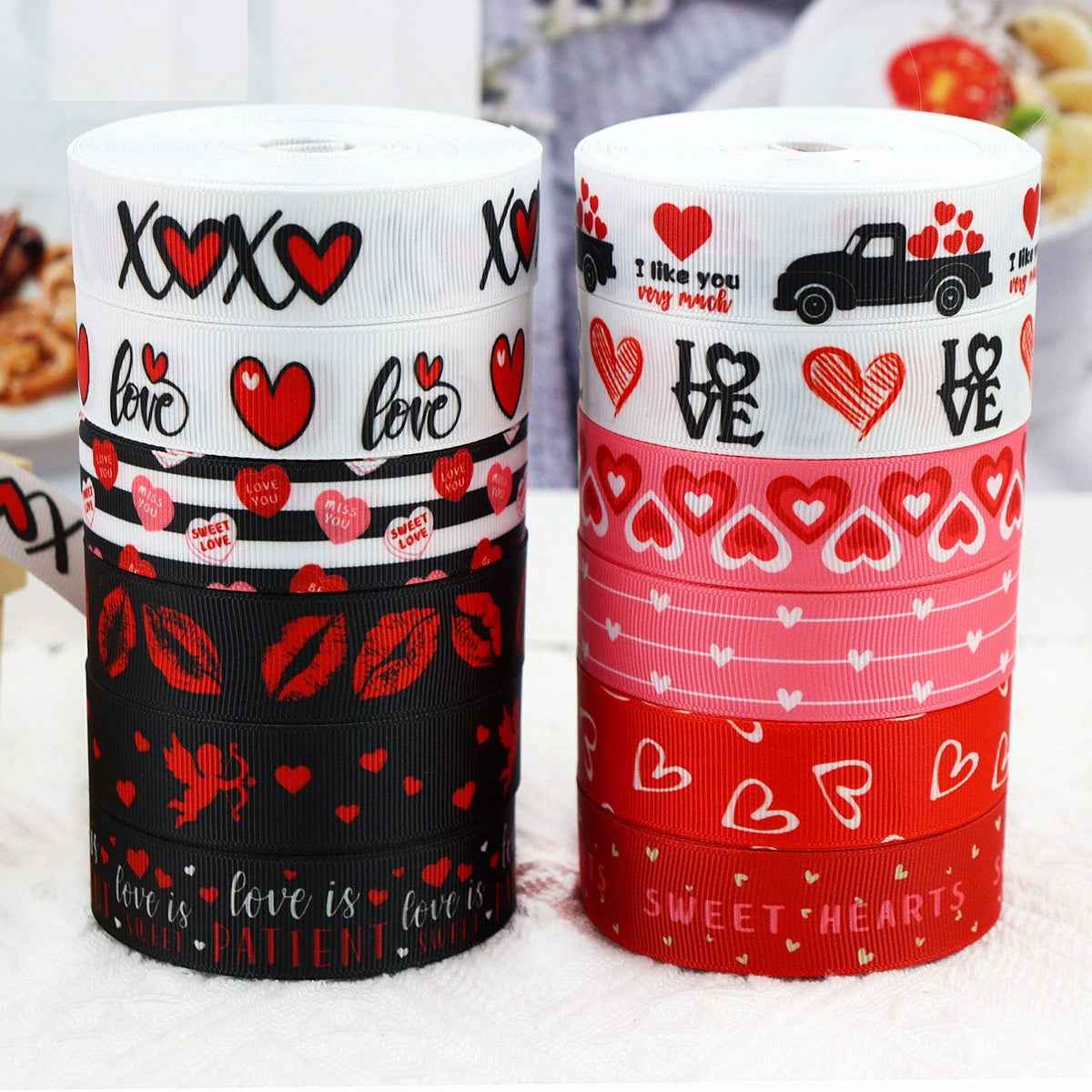 Valentine ribbon spool set: white with hearts, XOXO, love, red and black bands
