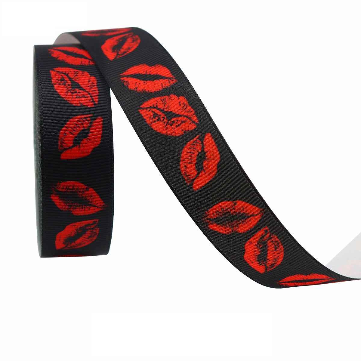 Black Valentine ribbon with red lips repeat pattern, single roll