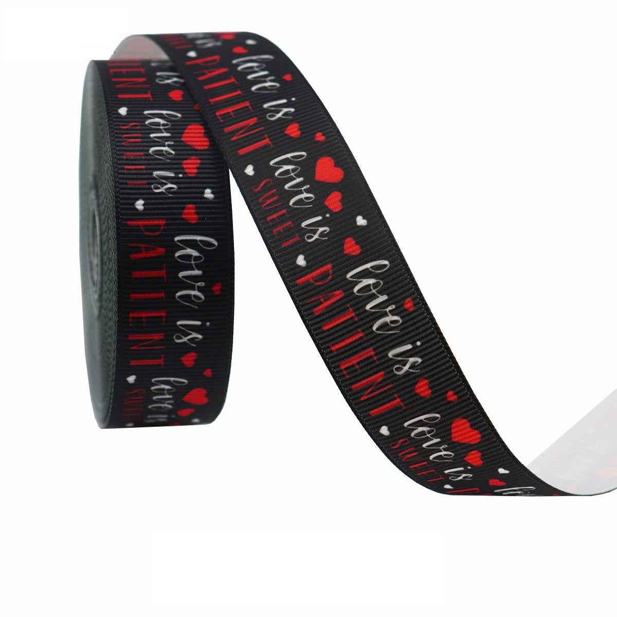 Black ribbon with red hearts and white script text, Valentine print