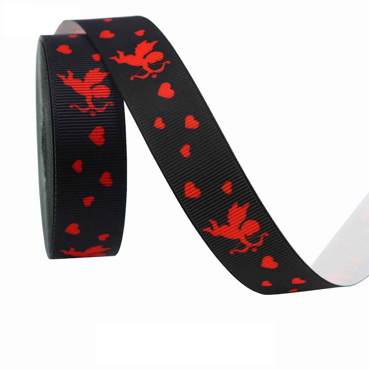 Black ribbon with red hearts and small red bow motifs, Valentine print