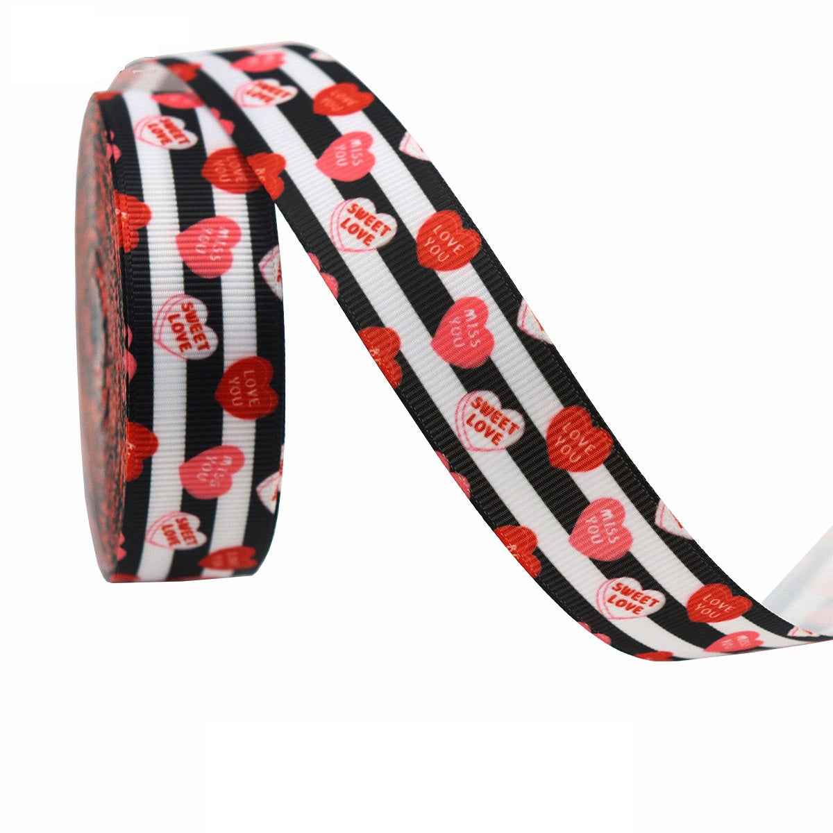 Black, white striped Valentine ribbon with red hearts and 'sweet love' text, single roll