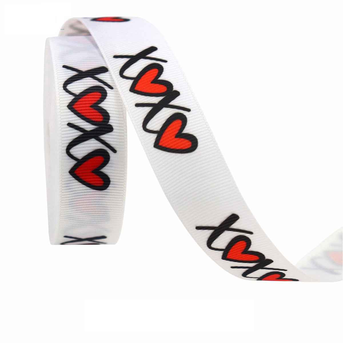 White ribbon with red hearts and XOXO lettering, Valentine print roll
